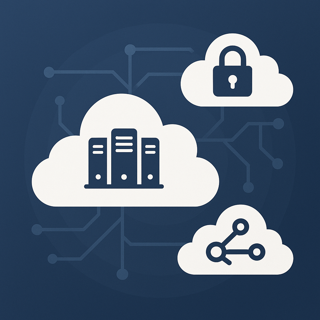 Illustration of cloud-native architecture showing secure, scalable, and connected cloud services like storage, networking, and compute. Ideal for modern software systems.